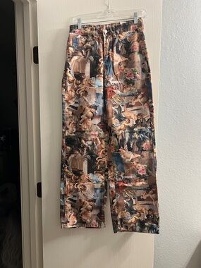 SHEIN Flare Wide-Leg Jeans in Brown, Blue, Pink Print